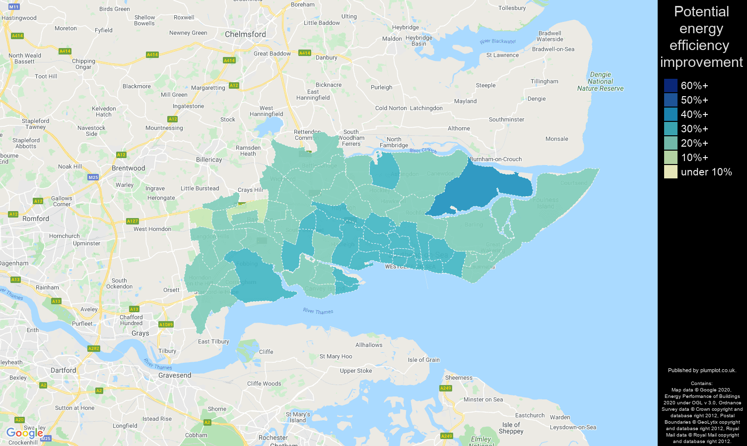Southend on Sea map of potential energy efficiency improvement of houses
