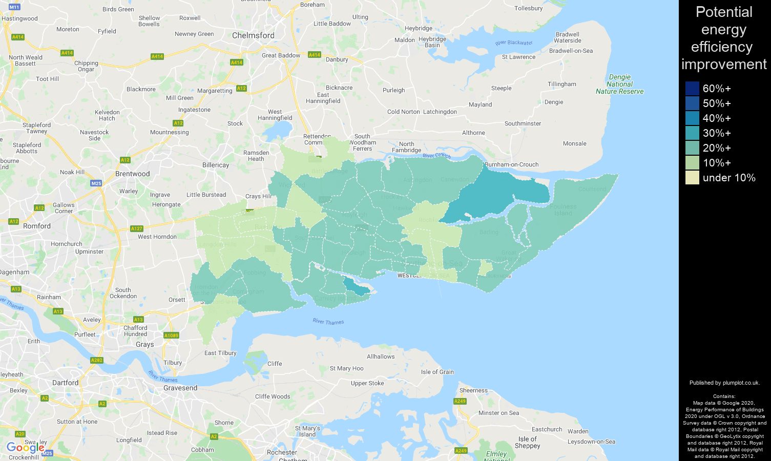 Southend on Sea map of potential energy efficiency improvement of properties