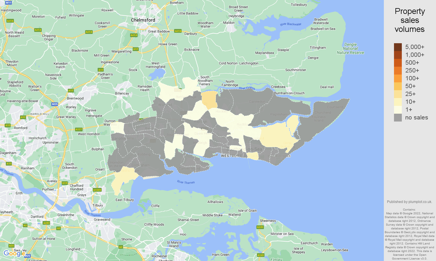 Southend on Sea map of sales of new properties
