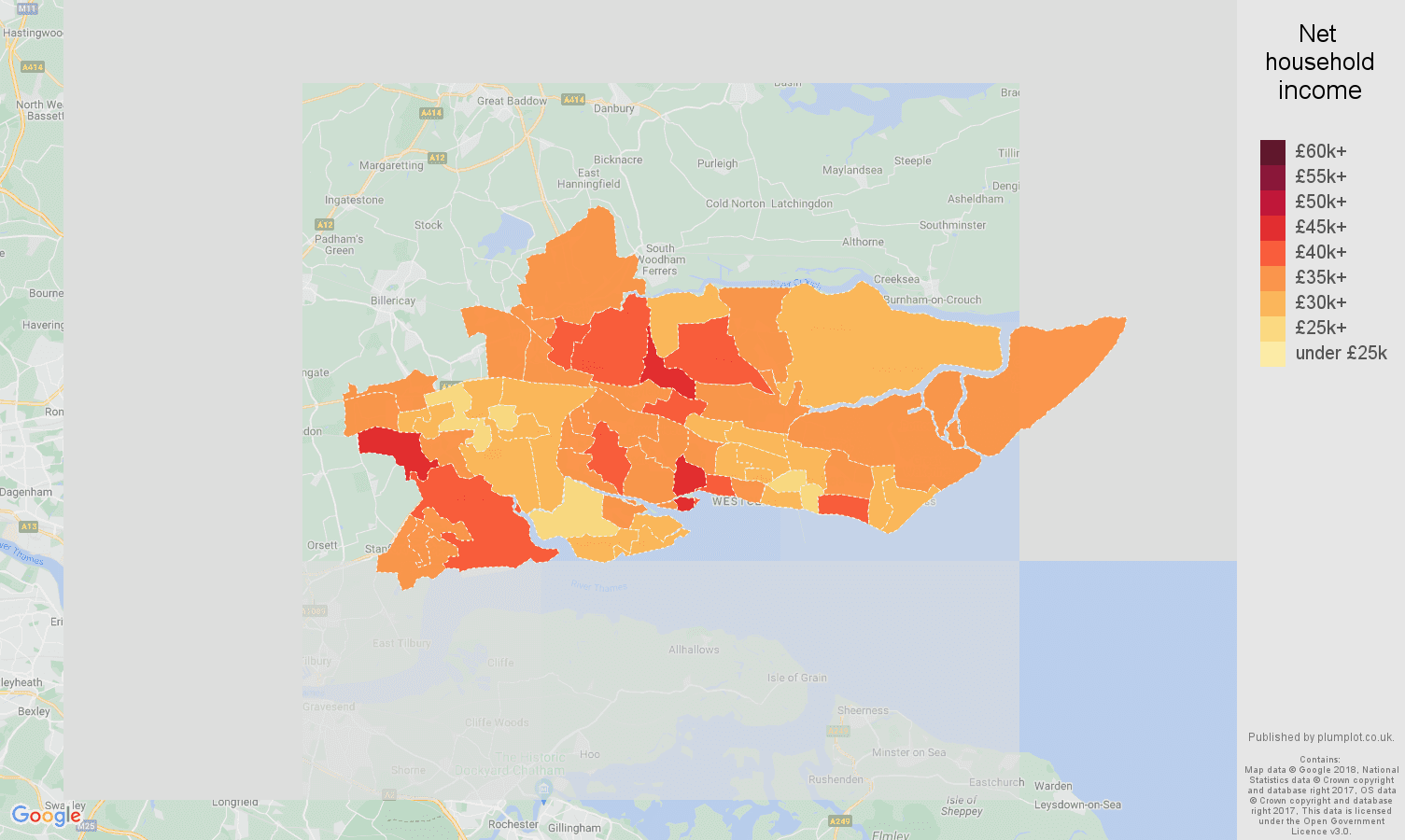 Southend on Sea net household income map