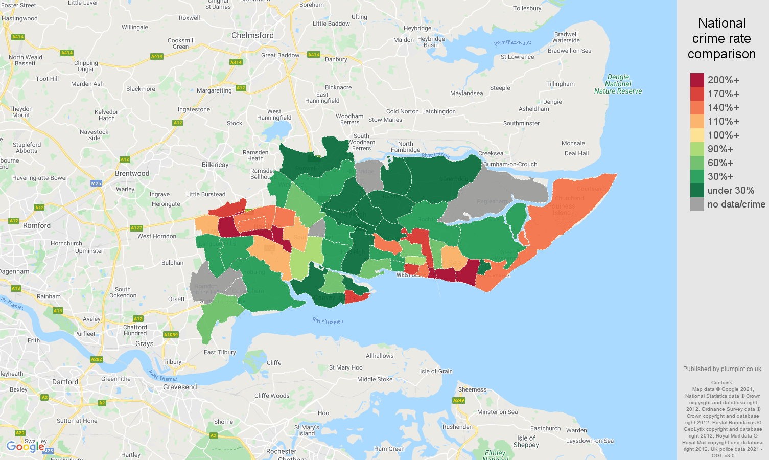 Southend on Sea robbery crime rate comparison map