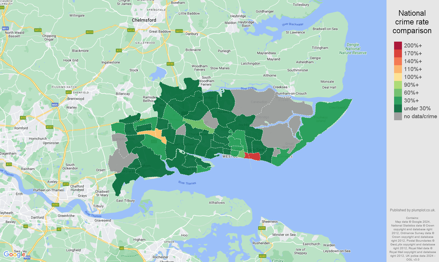 Southend on Sea theft from the person crime rate comparison map
