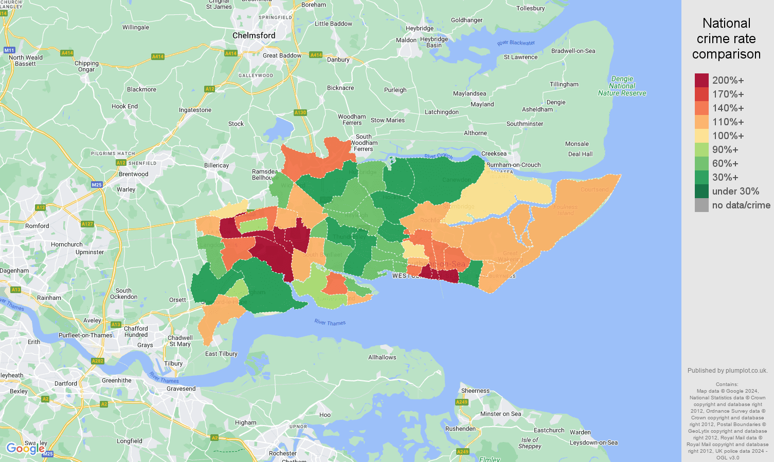 Southend on Sea violent crime rate comparison map