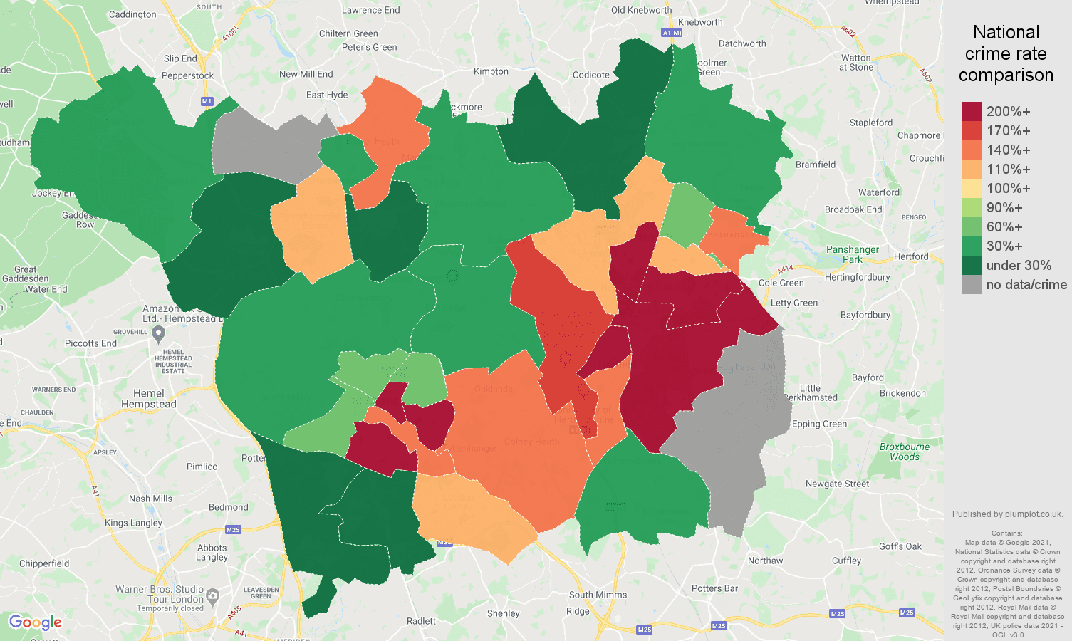 St Albans bicycle theft crime rate comparison map