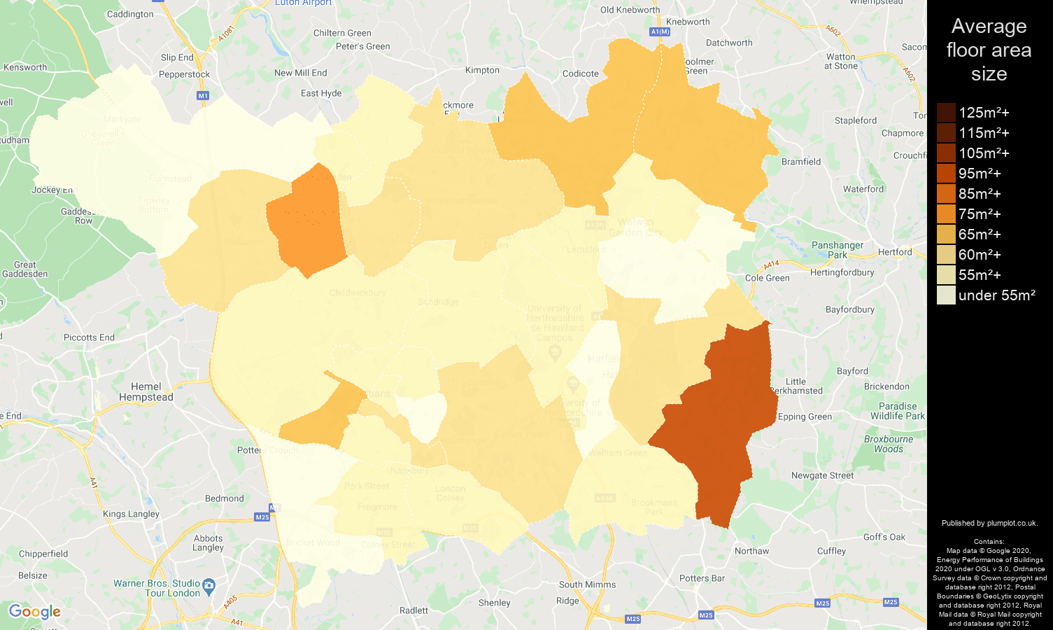 St Albans map of average floor area size of flats