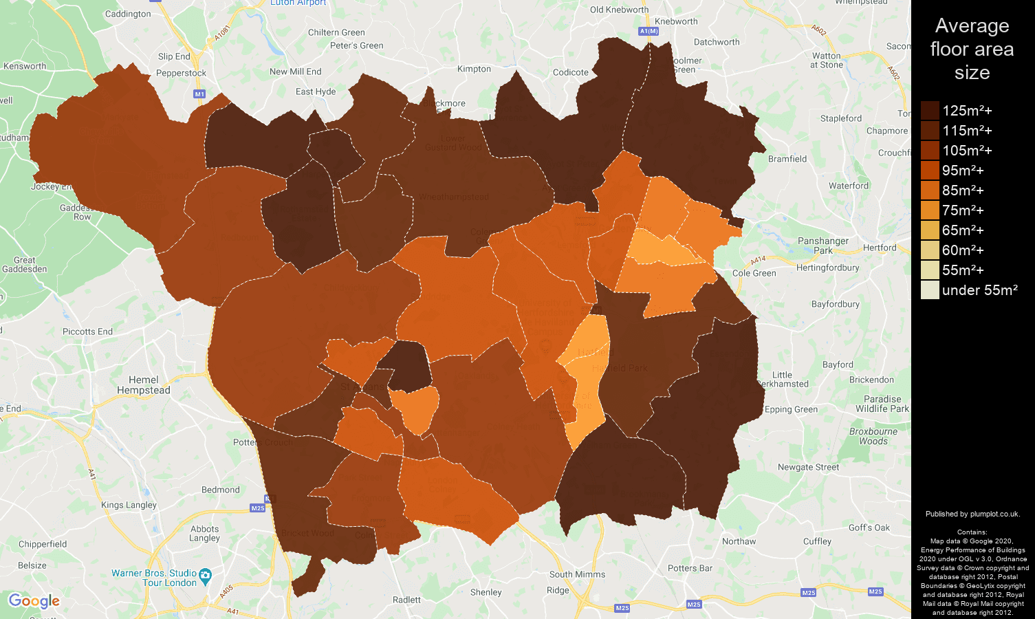 St Albans map of average floor area size of houses