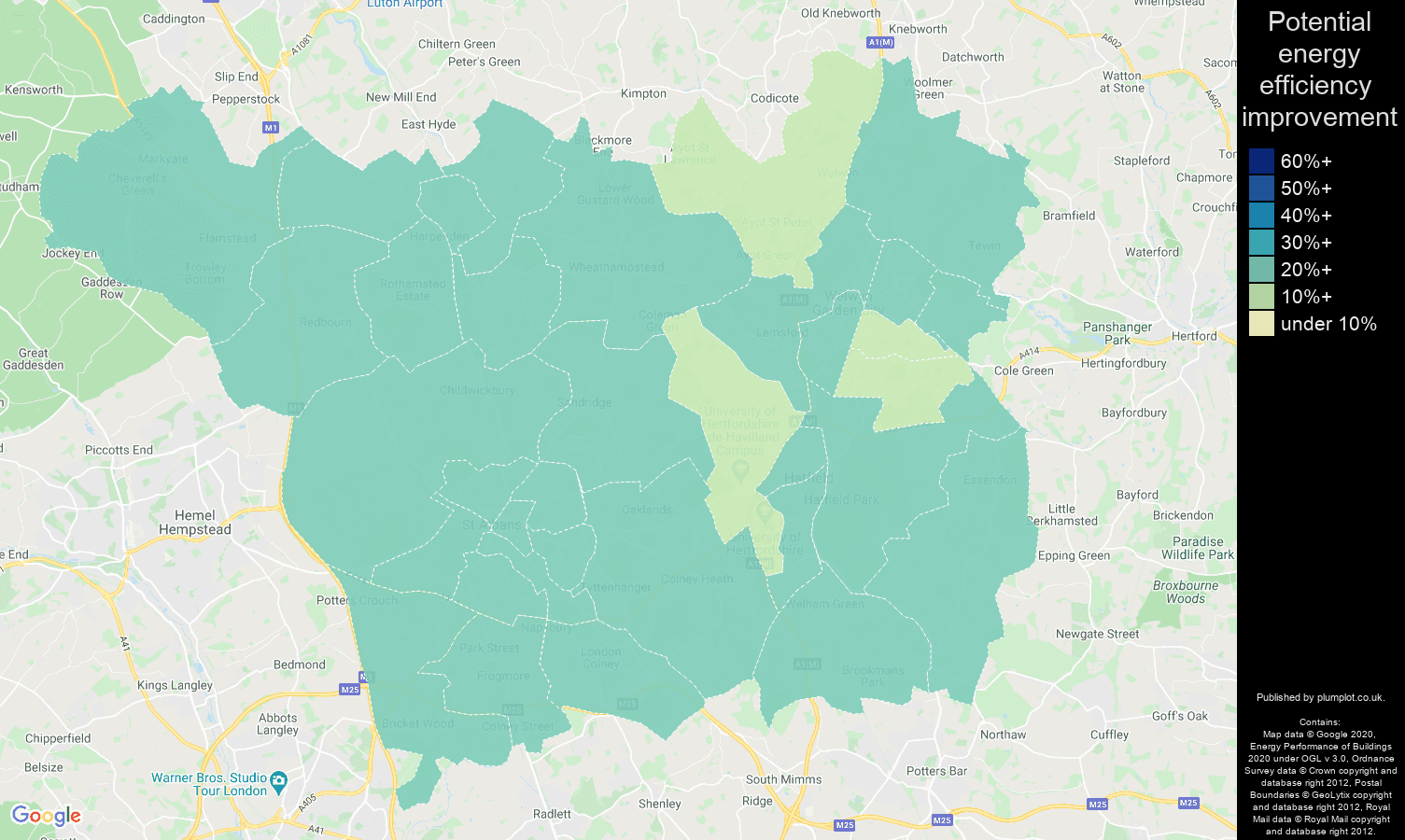 St Albans map of potential energy efficiency improvement of houses