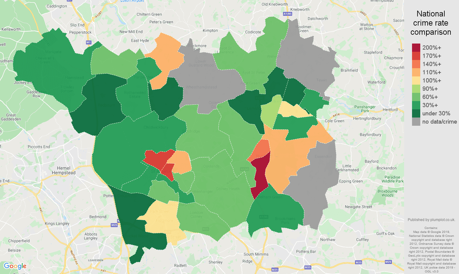 St Albans possession of weapons crime rate comparison map