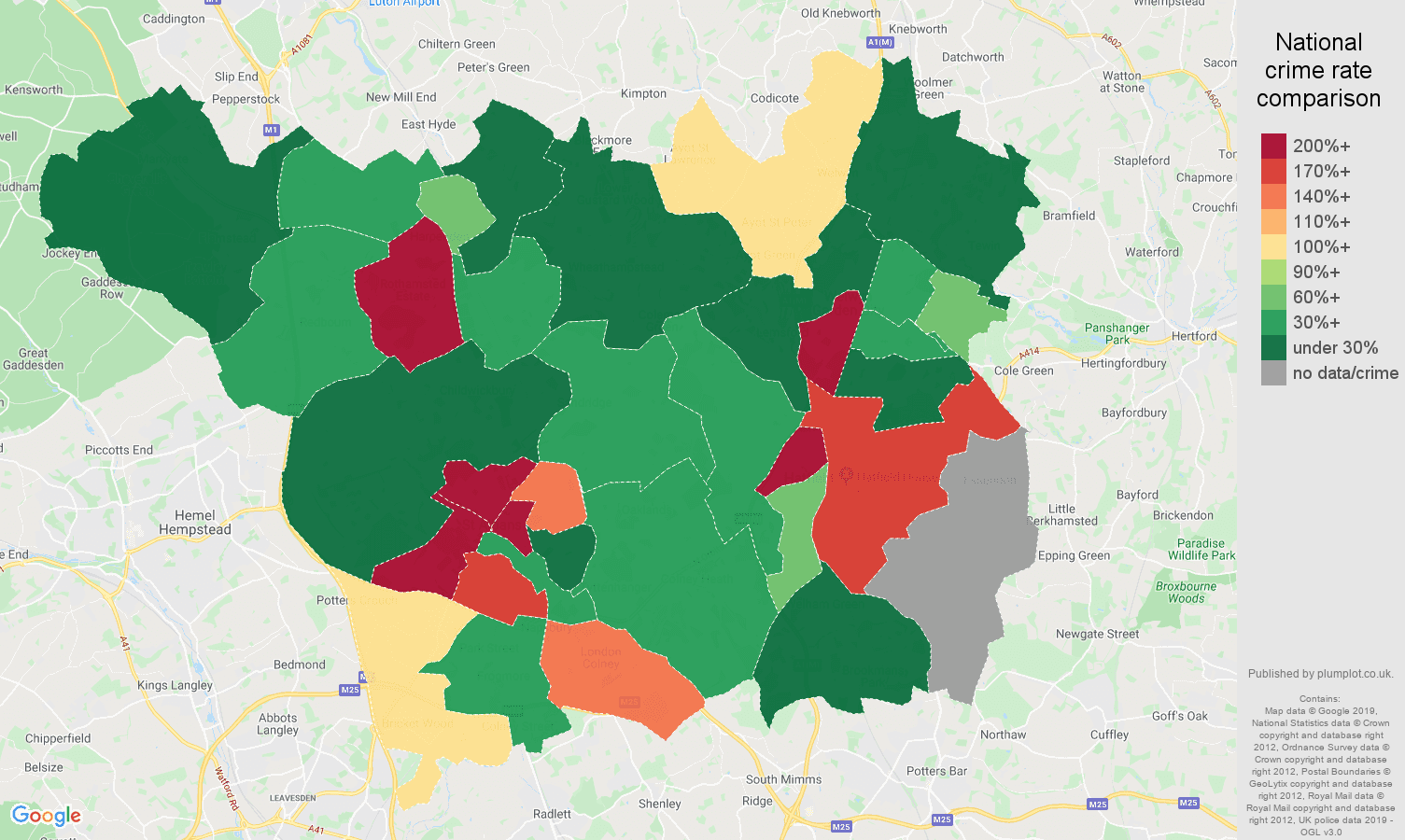 St Albans shoplifting crime rate comparison map