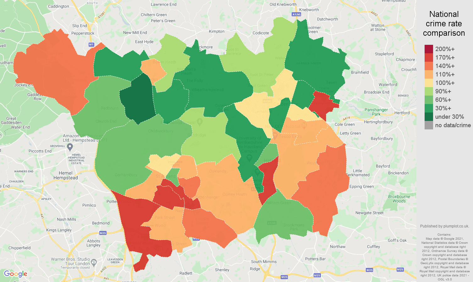St Albans vehicle crime rate comparison map