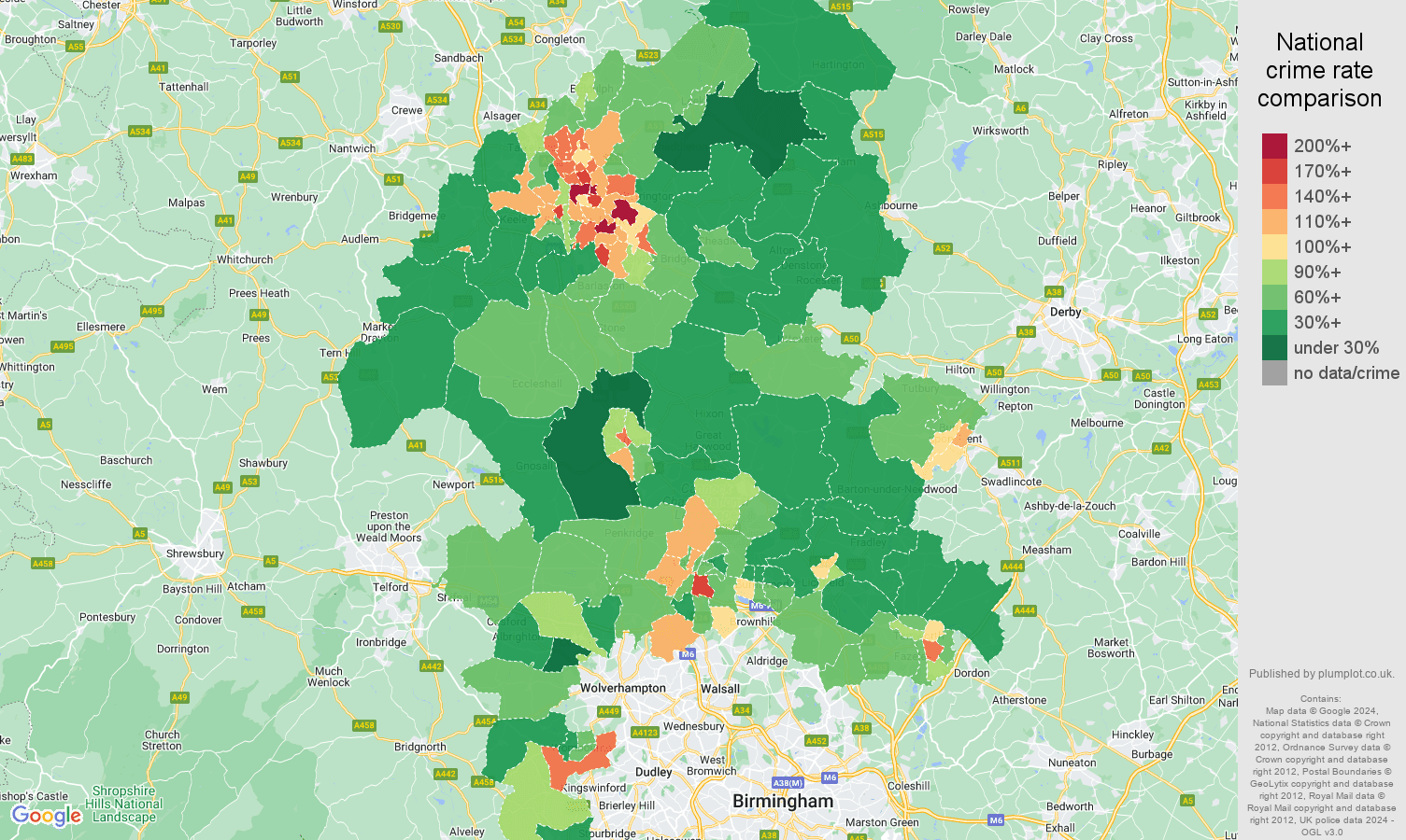 Staffordshire crime rate comparison map