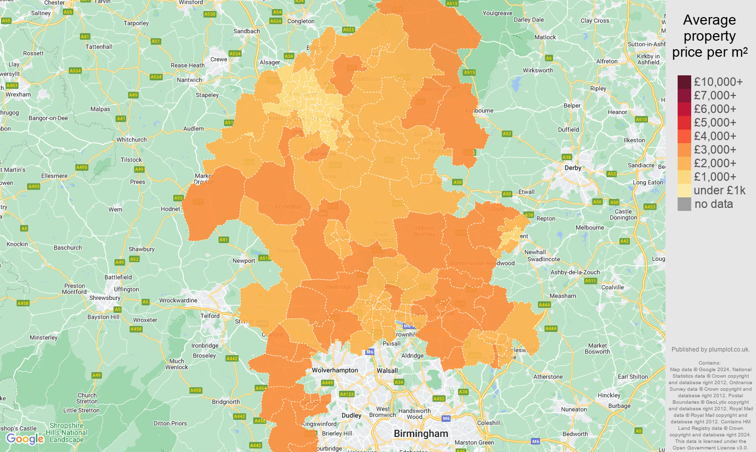 Staffordshire house prices per square metre map
