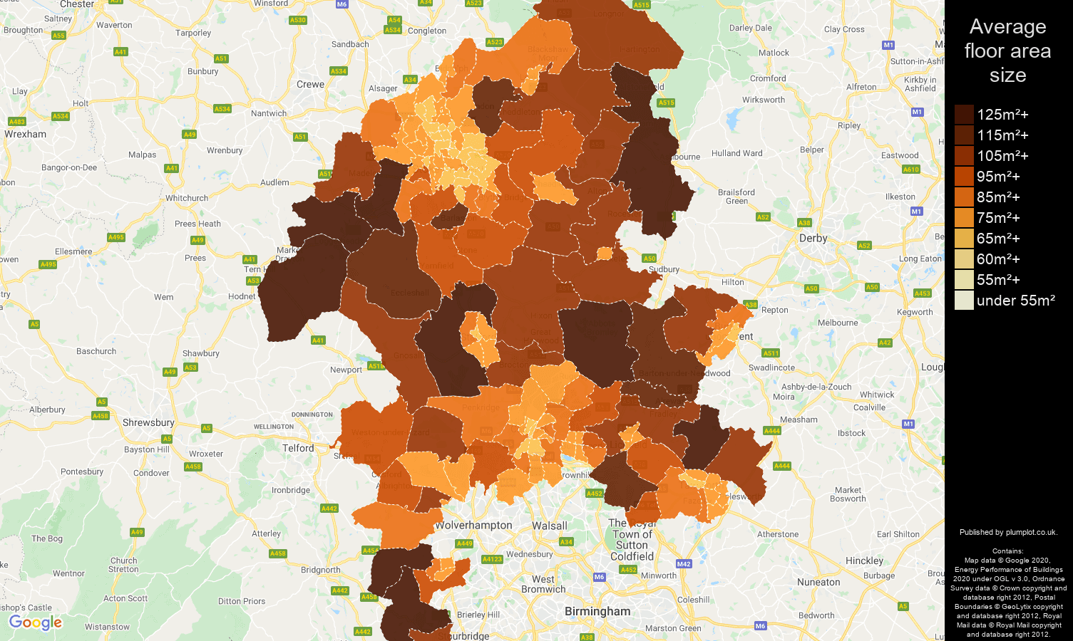 Staffordshire map of average floor area size of properties