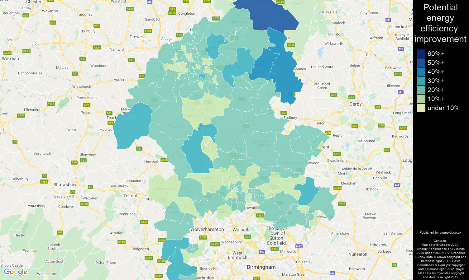 Staffordshire map of potential energy efficiency improvement of properties