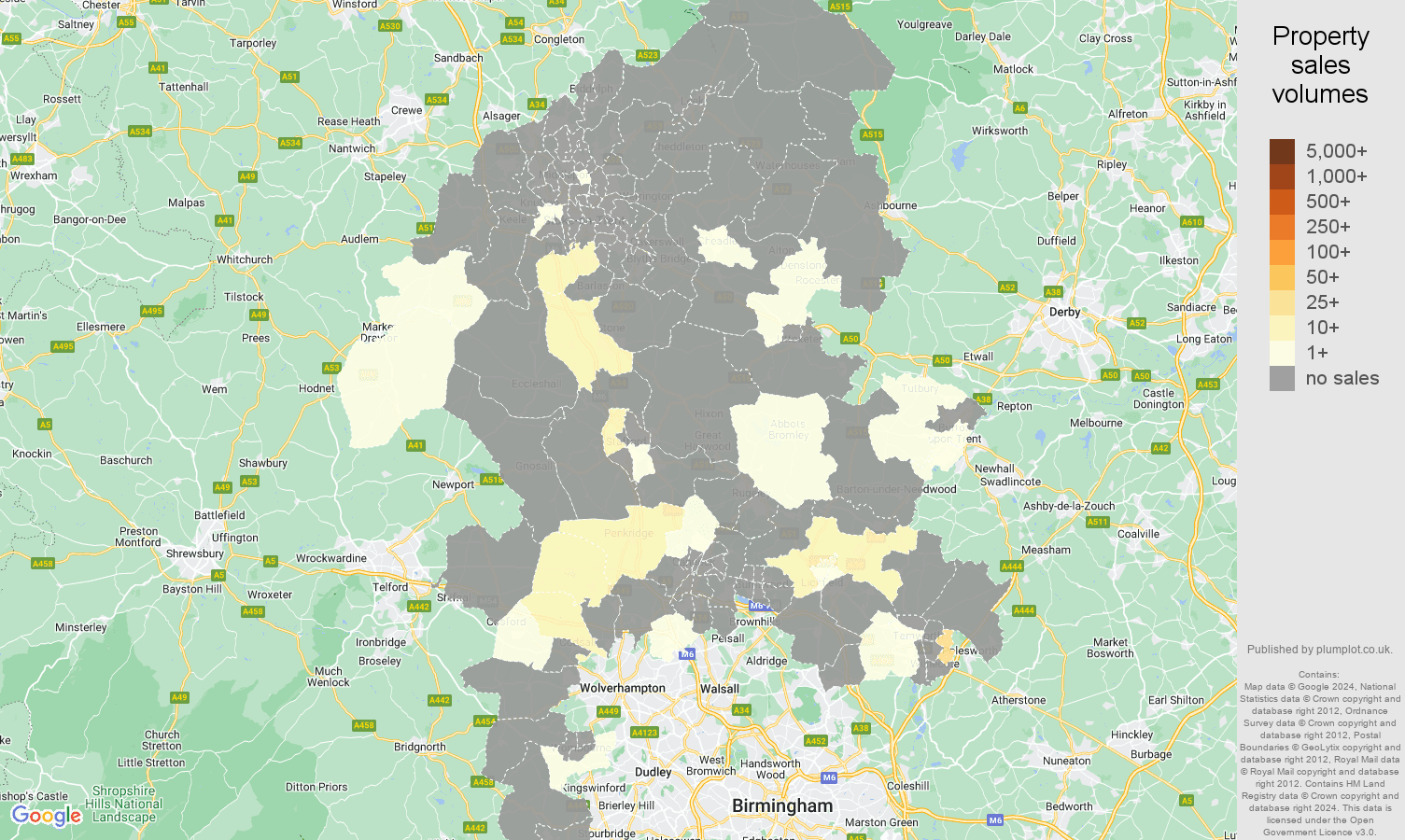 Staffordshire map of sales of new properties