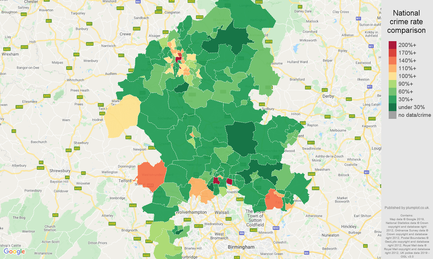Staffordshire other theft crime rate comparison map