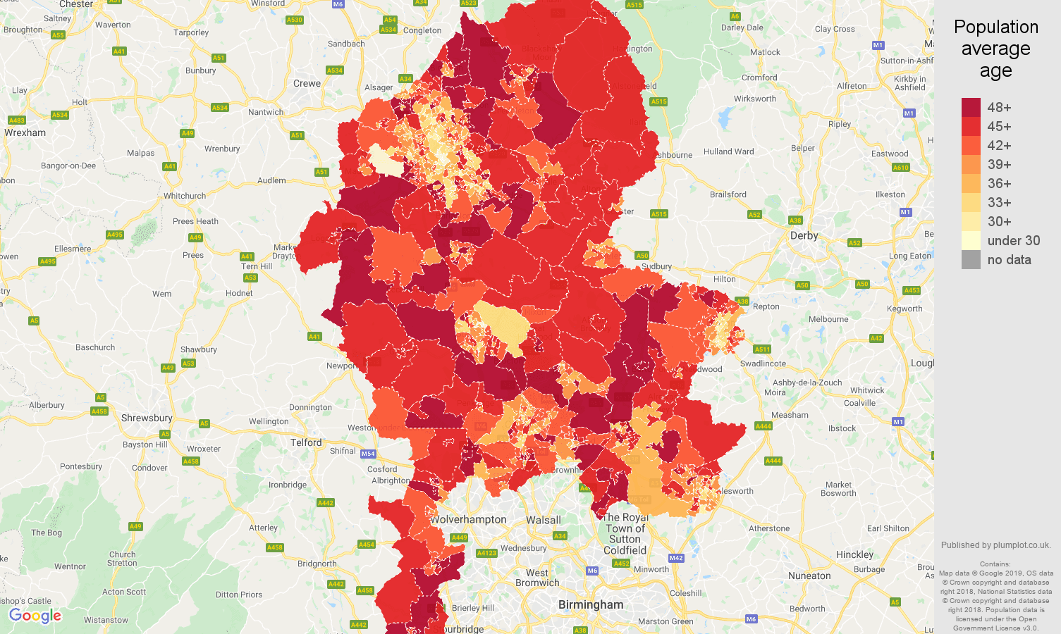 Staffordshire population average age map