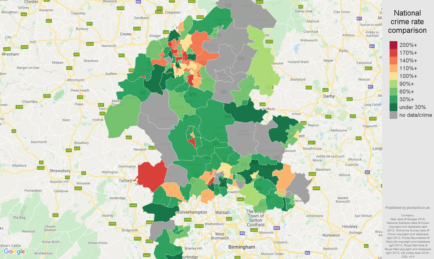 Staffordshire possession of weapons crime rate comparison map