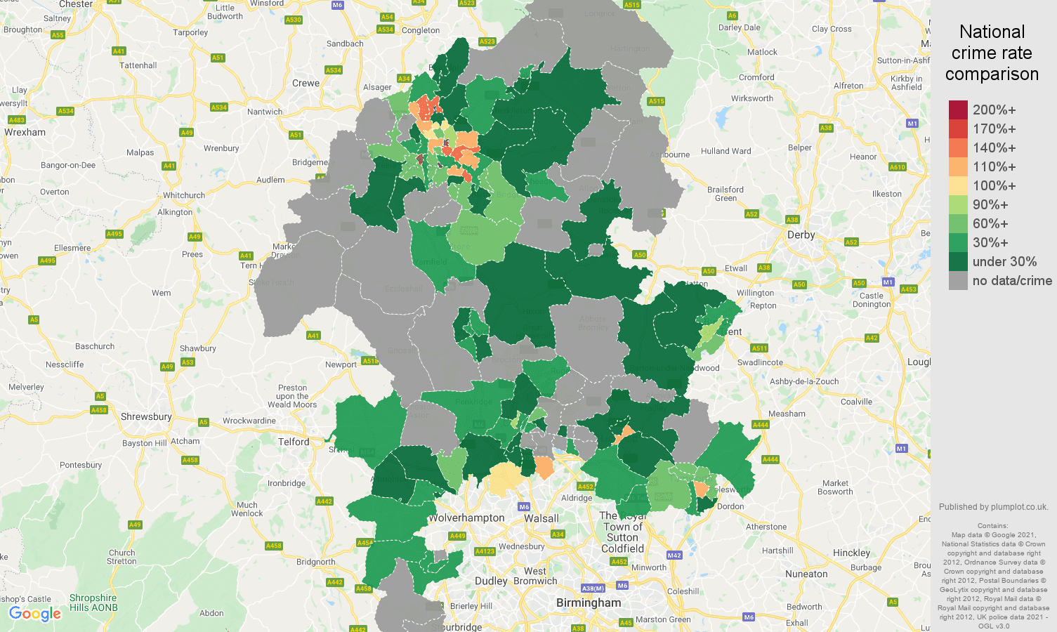 Staffordshire robbery crime rate comparison map