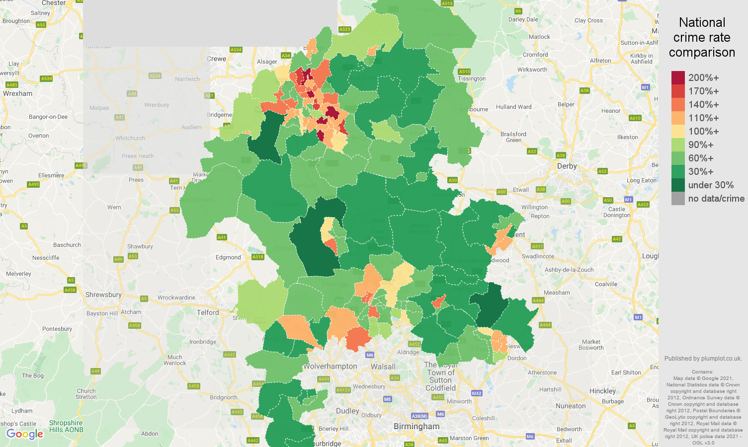 Staffordshire violent crime rate comparison map