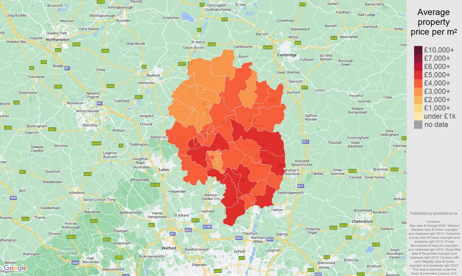 Stevenage house prices per square metre map