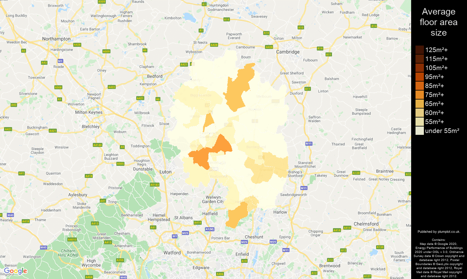 Stevenage map of average floor area size of flats