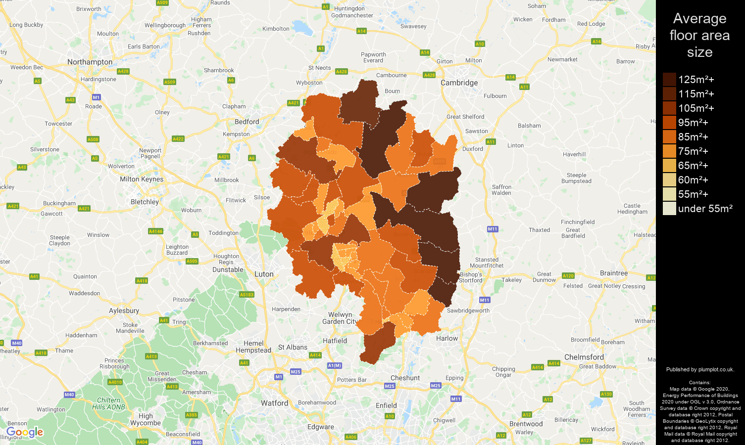 Stevenage map of average floor area size of properties