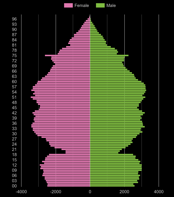 Stevenage population pyramid by year