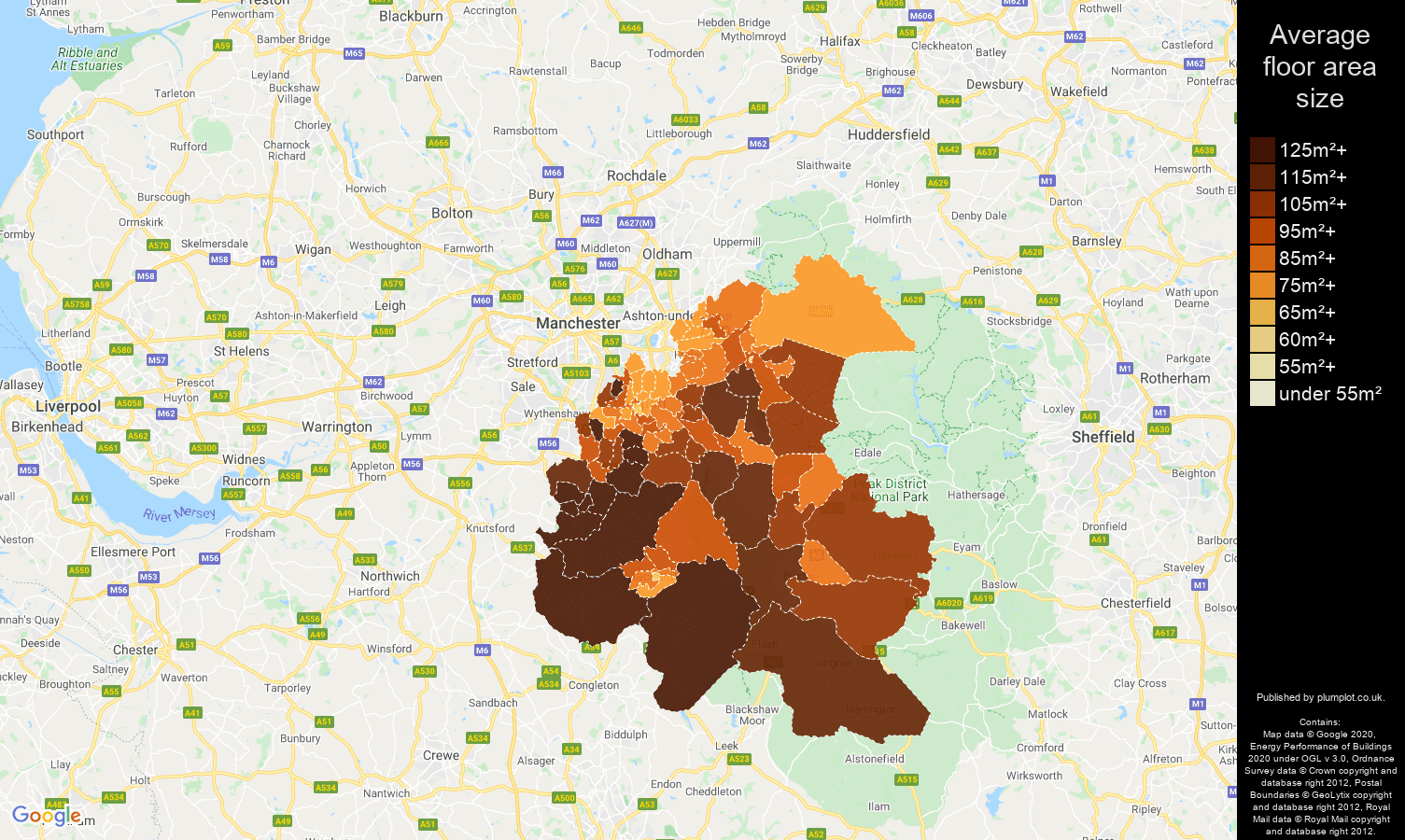 Stockport map of average floor area size of houses