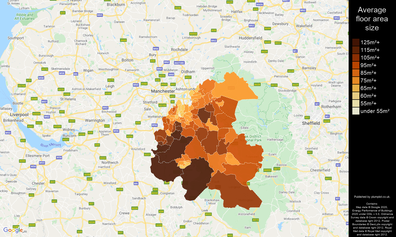Stockport map of average floor area size of properties