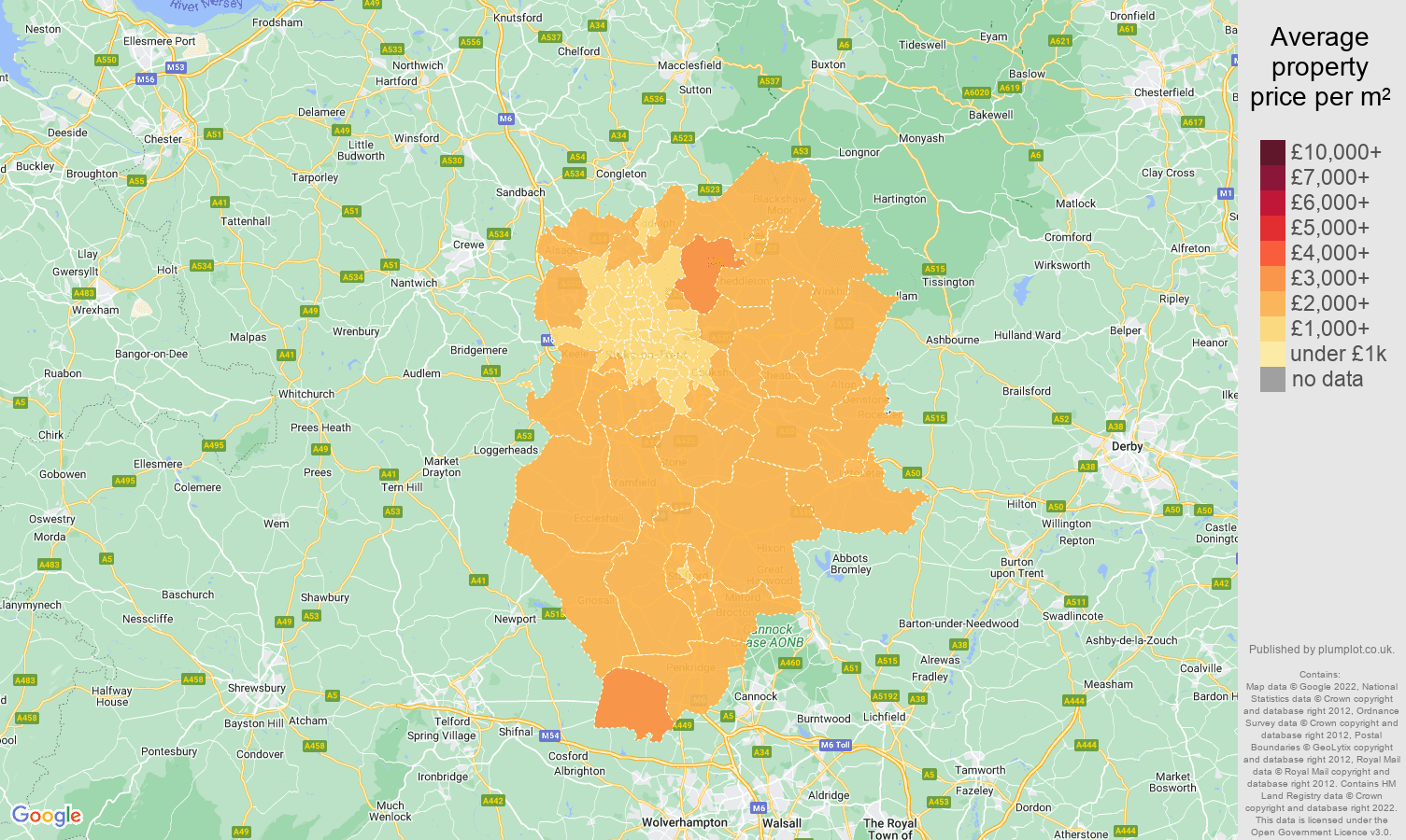 Stoke on Trent house prices per square metre map