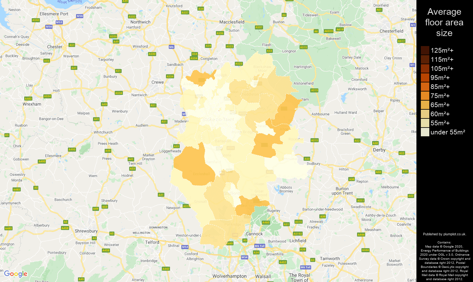 Stoke on Trent map of average floor area size of flats