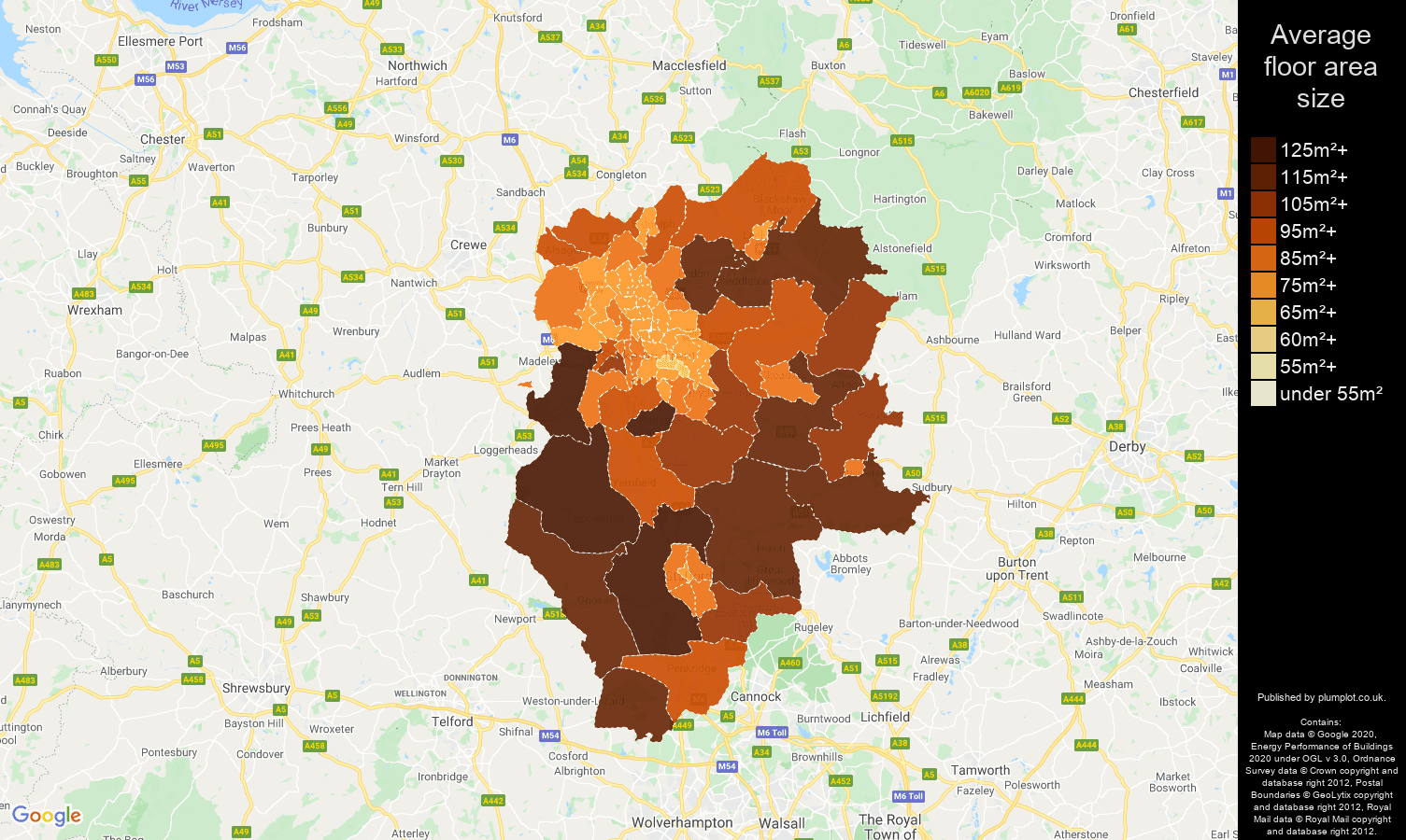Stoke on Trent map of average floor area size of houses