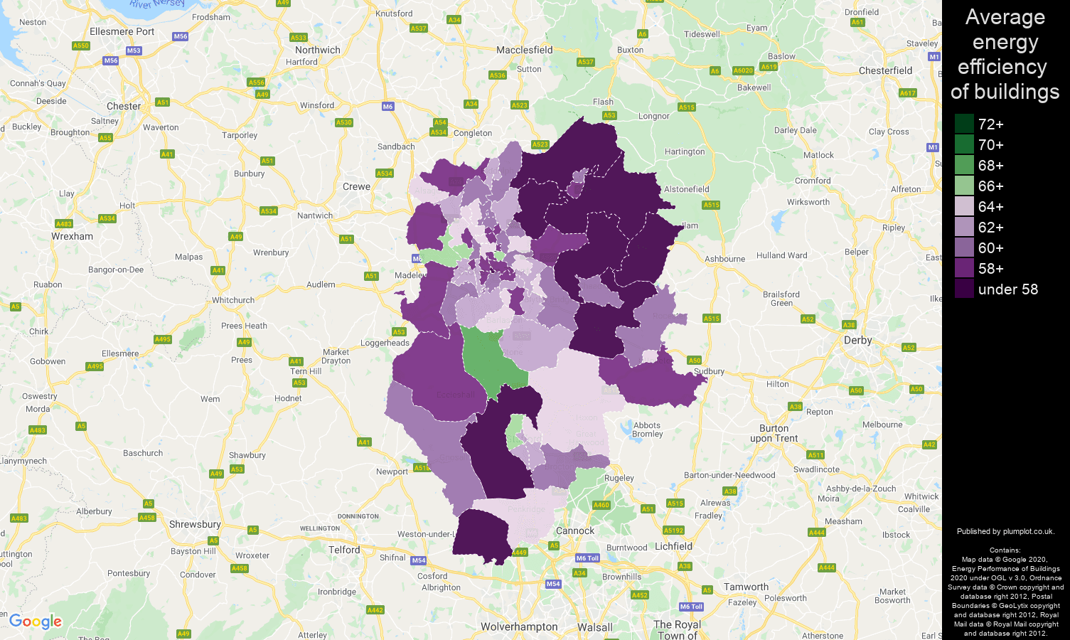 Stoke on Trent map of energy efficiency of houses