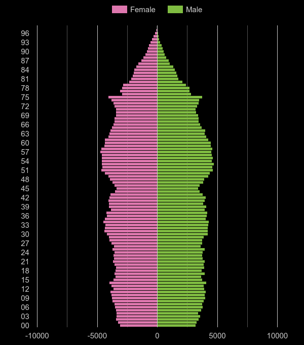 Stoke on Trent population pyramid by year