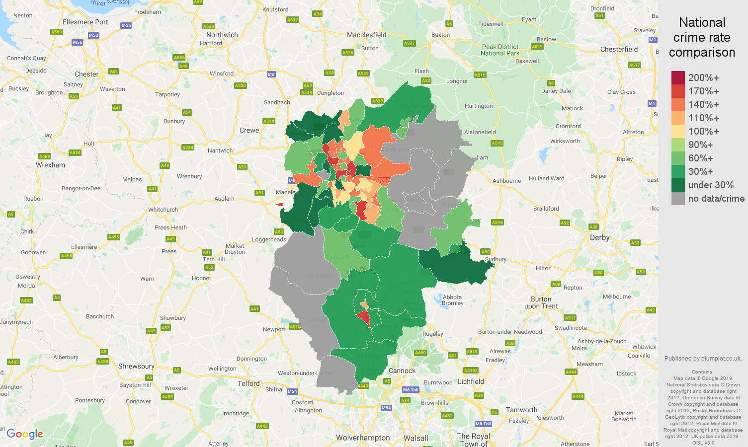 Stoke on Trent possession of weapons crime rate comparison map