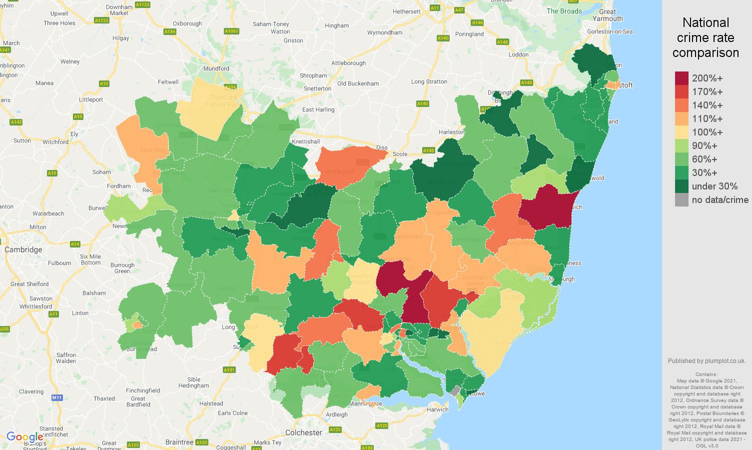 Suffolk burglary crime rate comparison map
