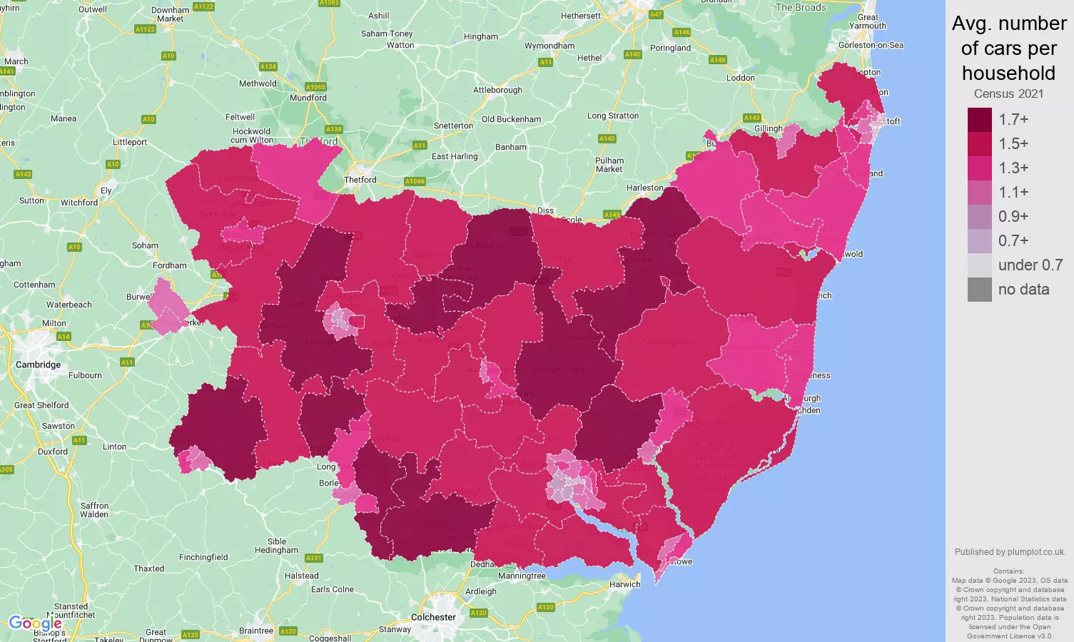 Suffolk cars per household map