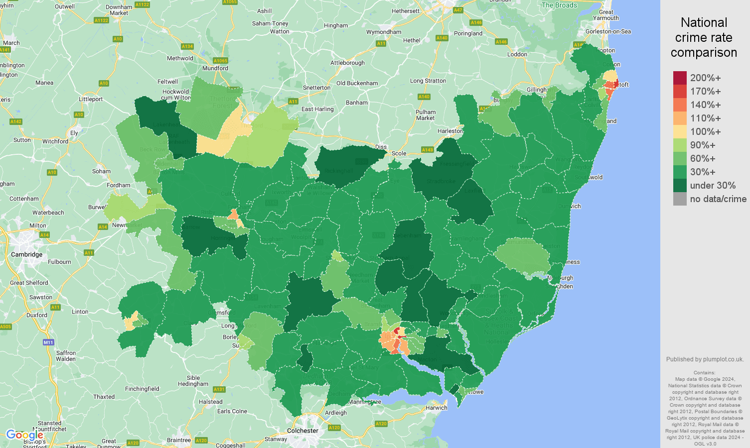 Suffolk crime rate comparison map