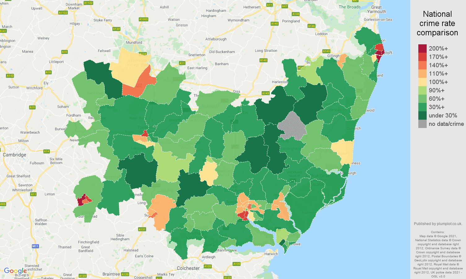 Suffolk criminal damage and arson crime rate comparison map
