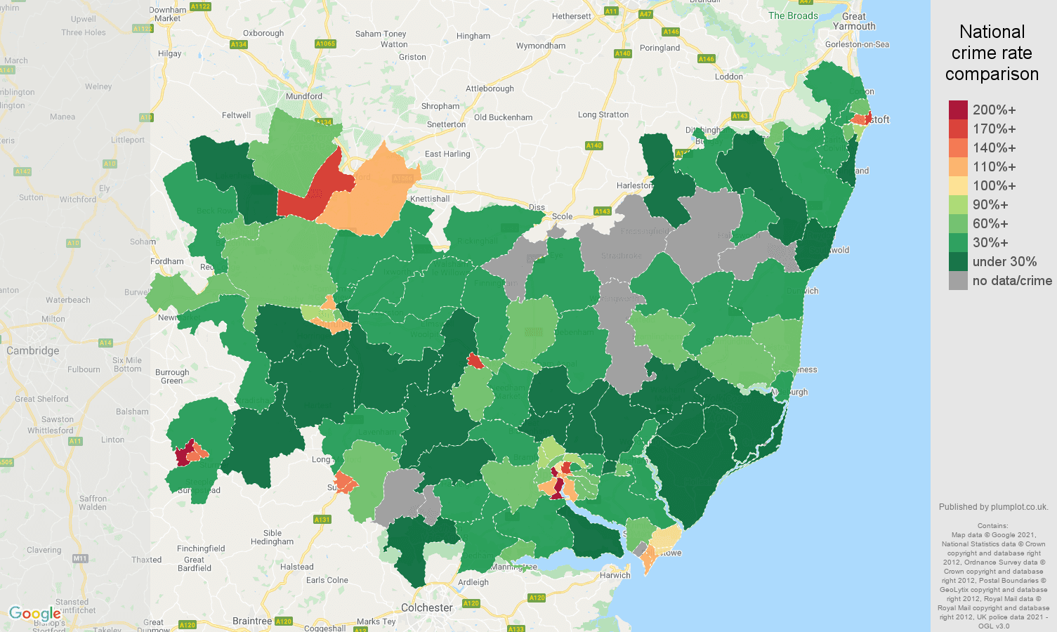 Suffolk drugs crime rate comparison map