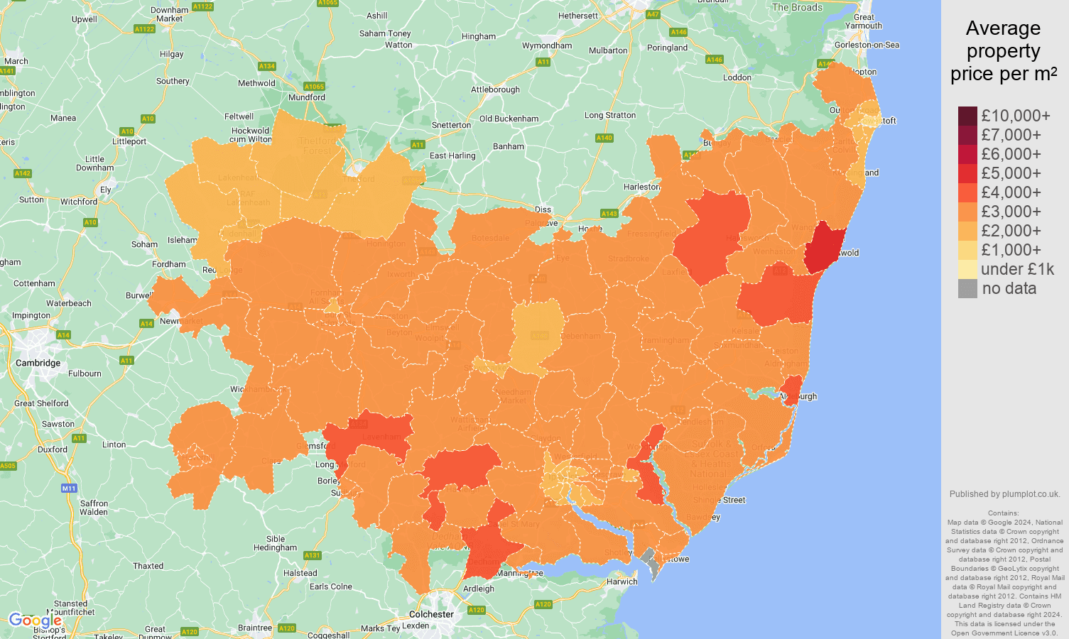 Suffolk house prices per square metre map