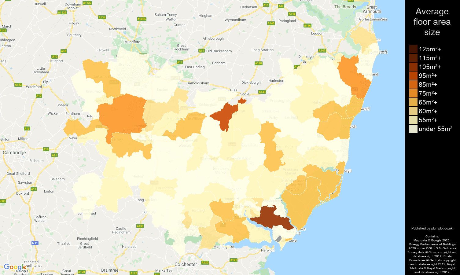 Suffolk map of average floor area size of flats