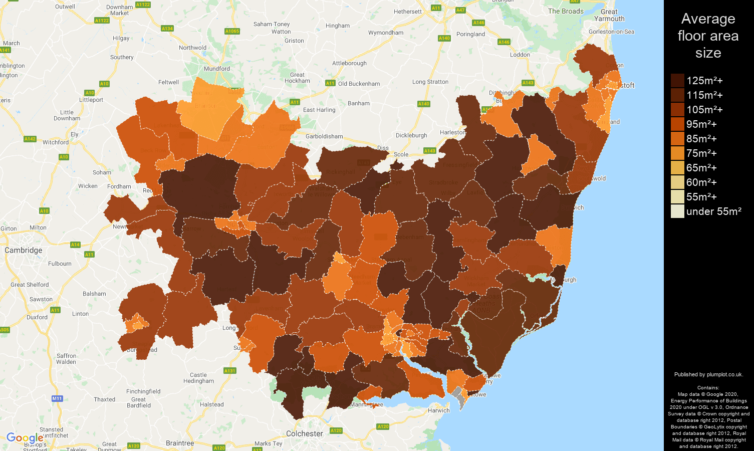 Suffolk map of average floor area size of houses