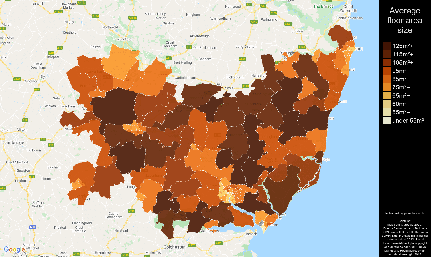 Suffolk map of average floor area size of properties