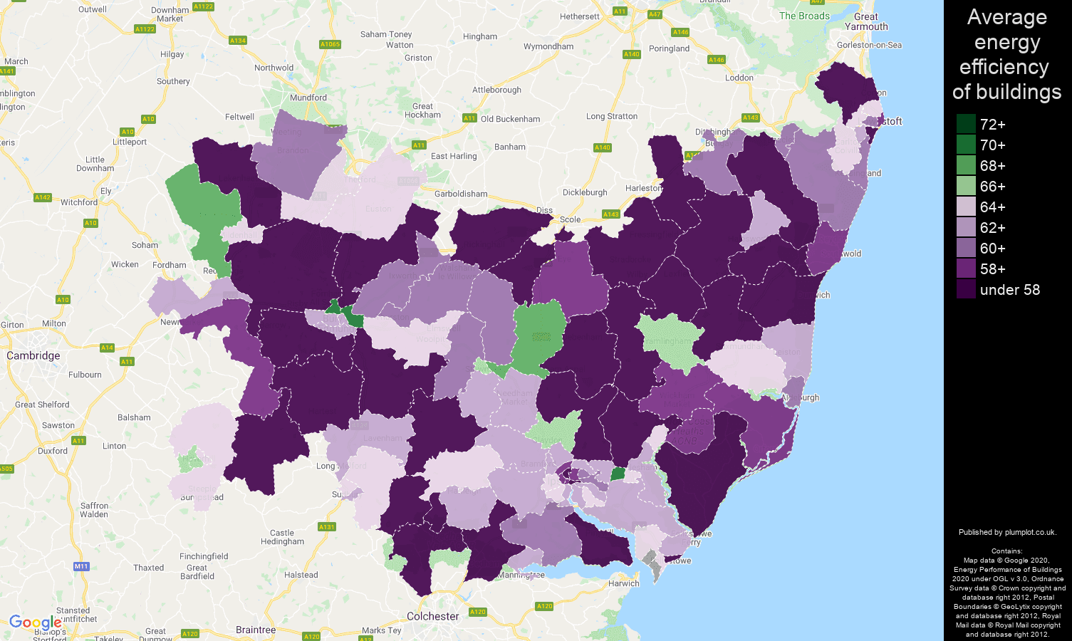 Suffolk map of energy efficiency of houses