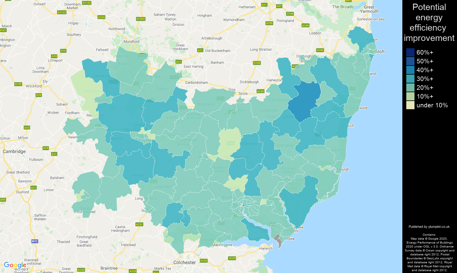 Suffolk map of potential energy efficiency improvement of houses