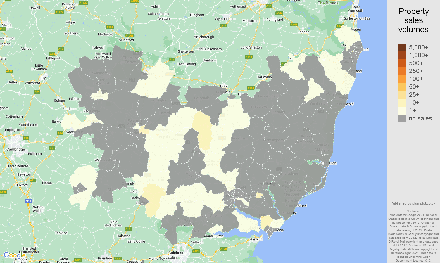 Suffolk map of sales of new properties