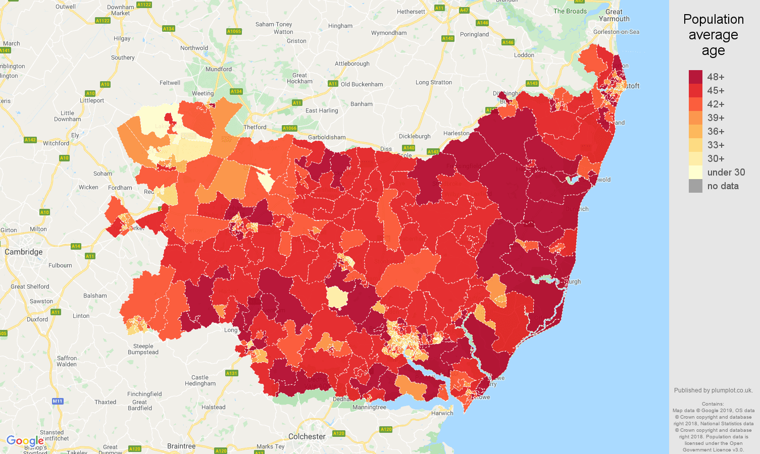 Suffolk population average age map