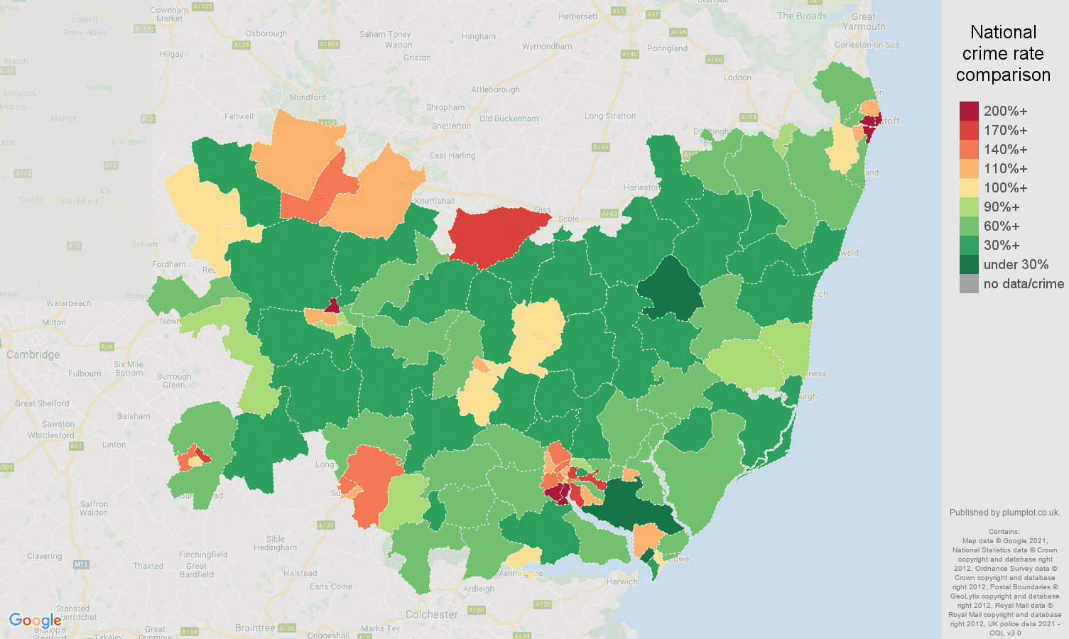 Suffolk violent crime rate comparison map